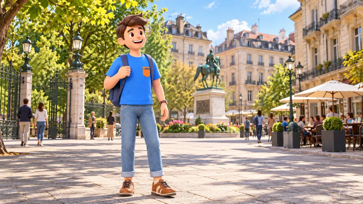Un viajero en una plaza junto a un parque y un monumento