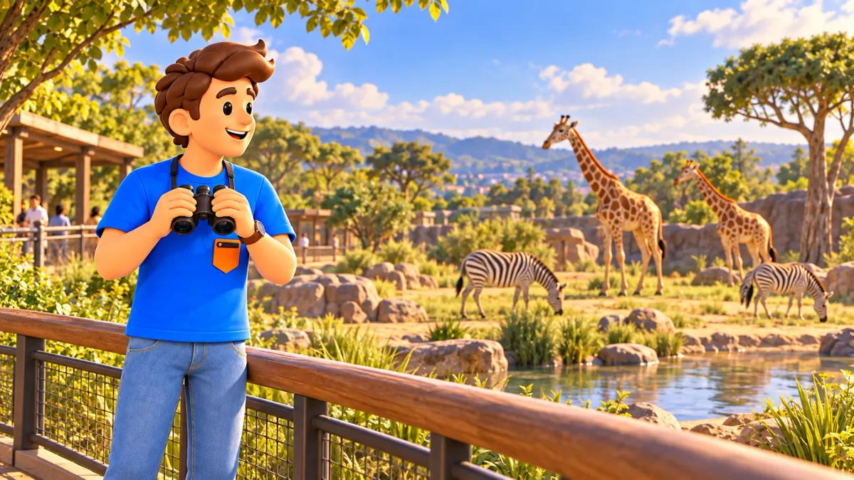 Illustration of a traveller with binoculars viewing an imagined zoo savanna behind a barrier