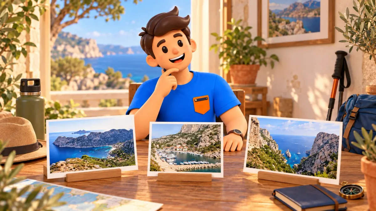 Viajero ilustrado en una mesa ficticia elige entre postales fotográficas separadas de Sormiou, Morgiou y Sugiton