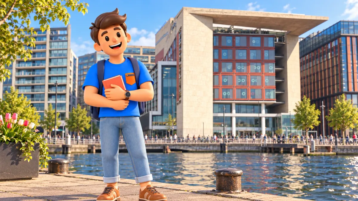 Illustration d’un voyageur avec un livre au bord de l’eau devant OBA Oosterdok