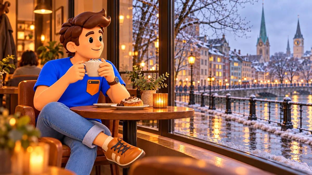 Illustration d’un voyageur avec boisson chaude devant une ville hivernale imaginaire