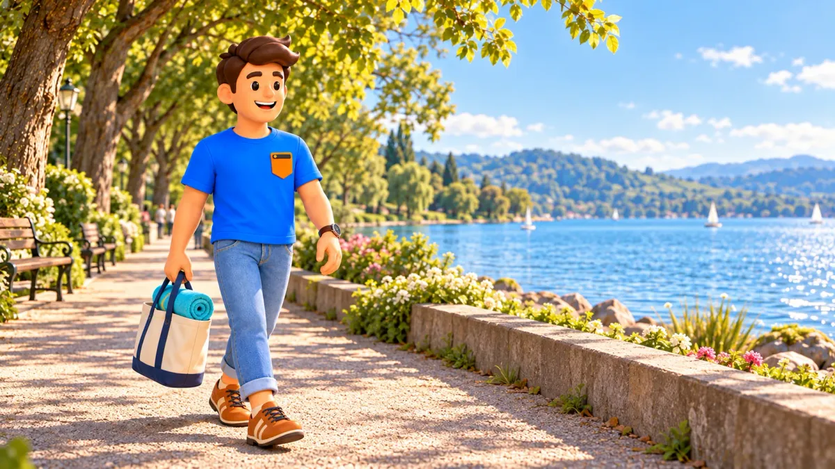 Illustration d’un voyageur avec sac et serviette sur une promenade publique imaginaire au lac