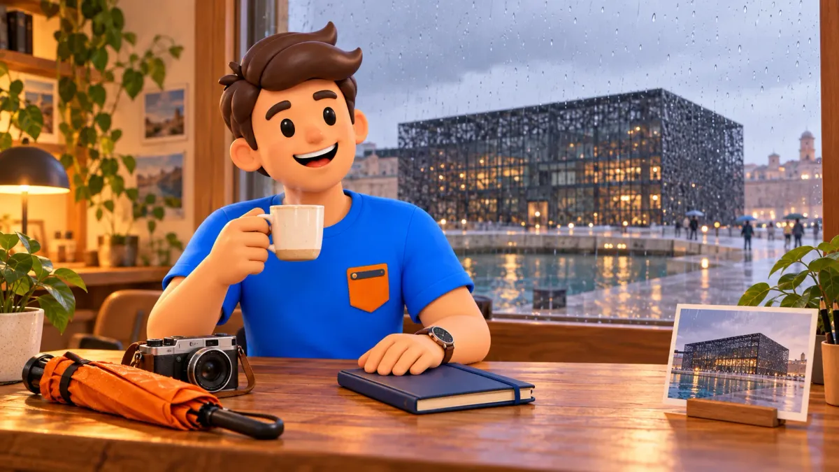 Illustrierter Reisender mit Tasse an einem fiktiven Tisch vor dem nach Foto gestalteten Mucem J4 hinter einem Regenfenster
