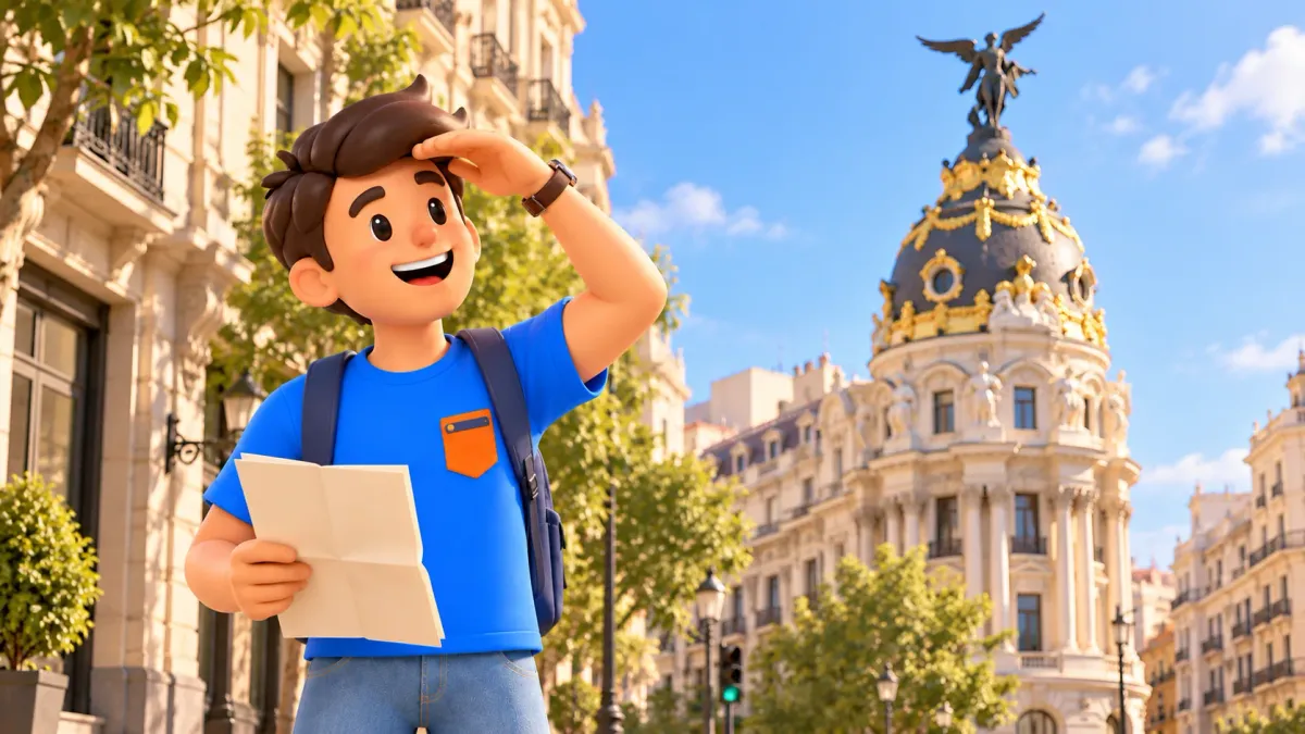 Illustration of a traveller looking up at the Metrópolis dome from the street