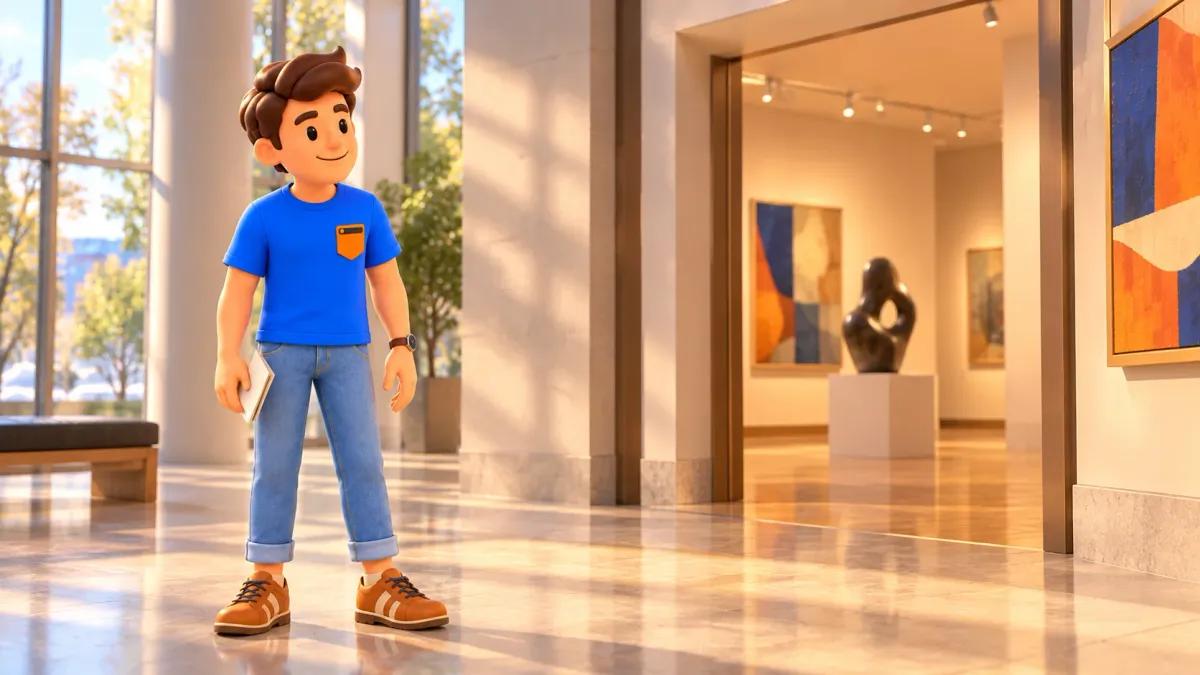 Illustration of a traveller with a brochure choosing a gallery in an imagined museum foyer