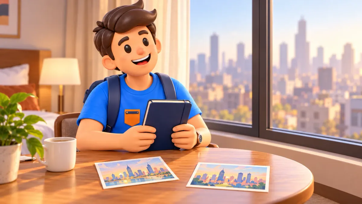 Traveller considering experiences at a table with city postcards, artistic illustration