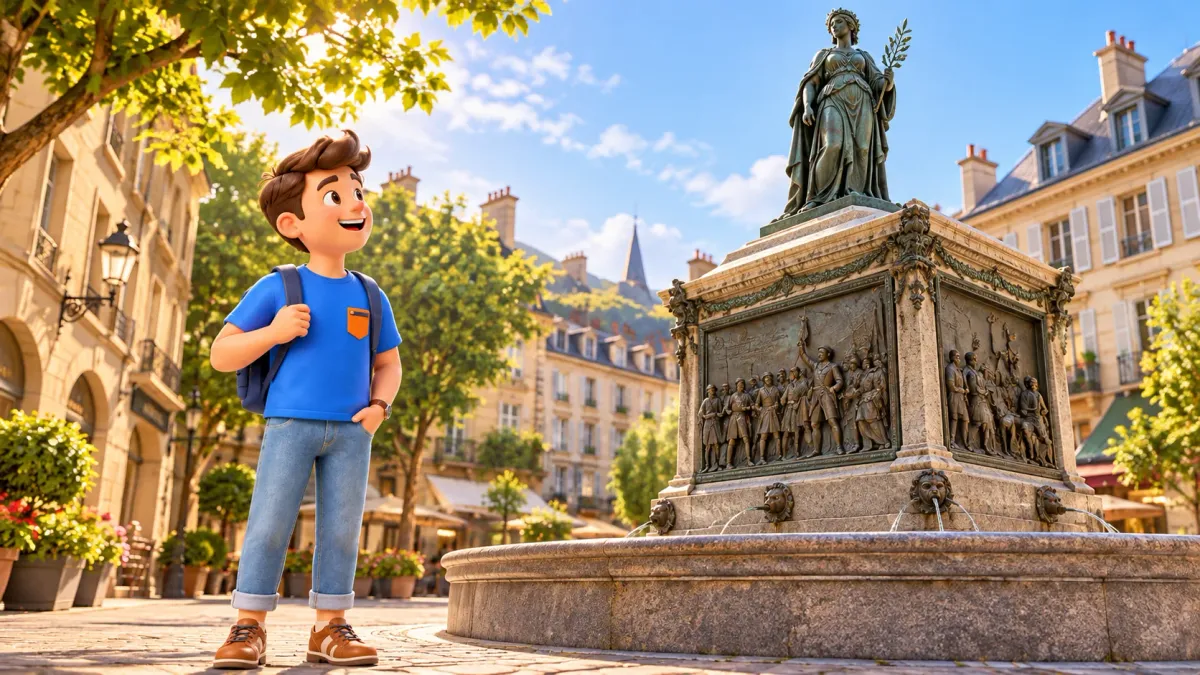 A traveller viewing a fountain with bronze reliefs