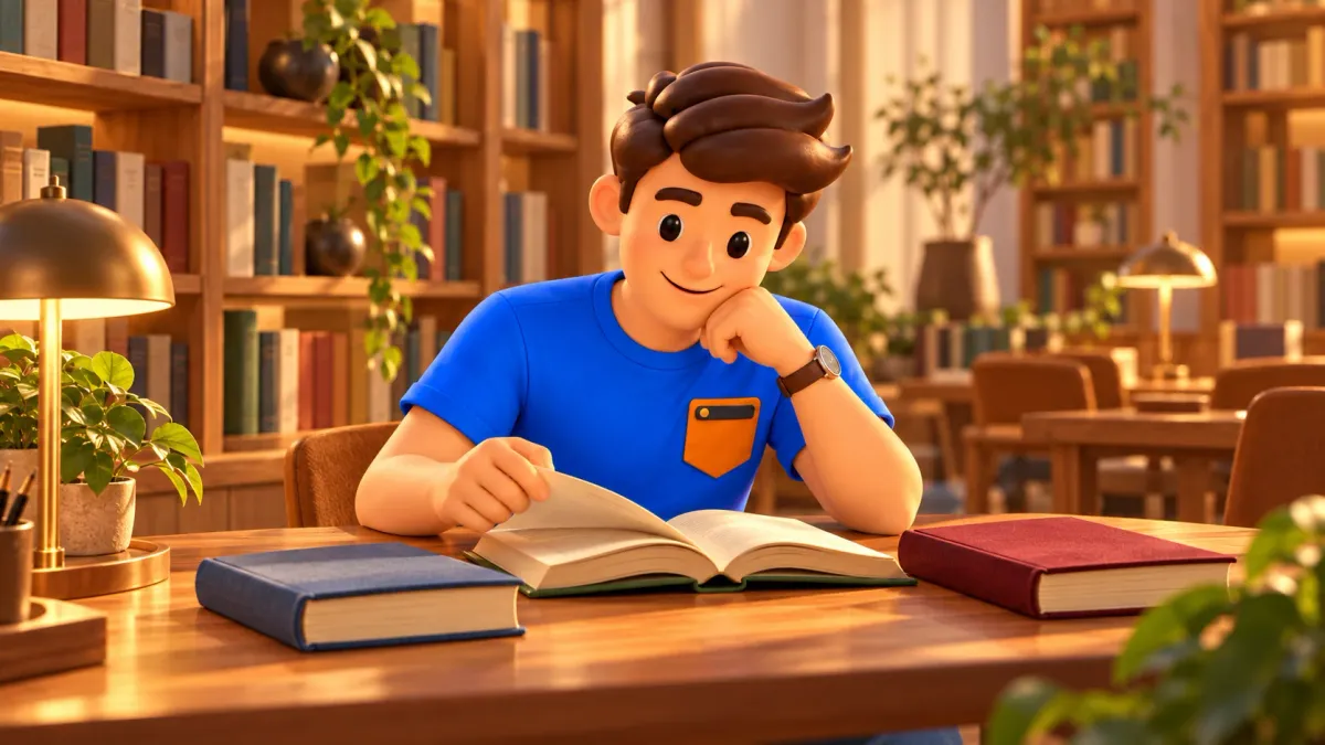 Illustration d’un voyageur avec trois livres dans une salle de lecture littéraire imaginaire
