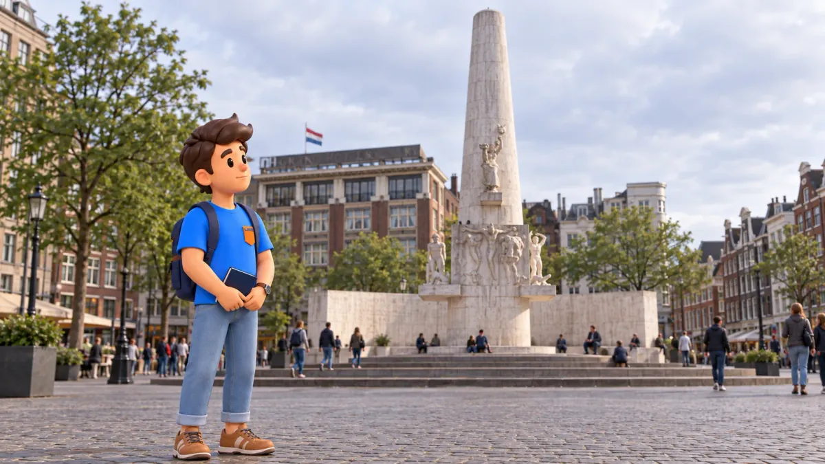 Illustration d’un voyageur avec un carnet fermé près du Monument national sur le Dam