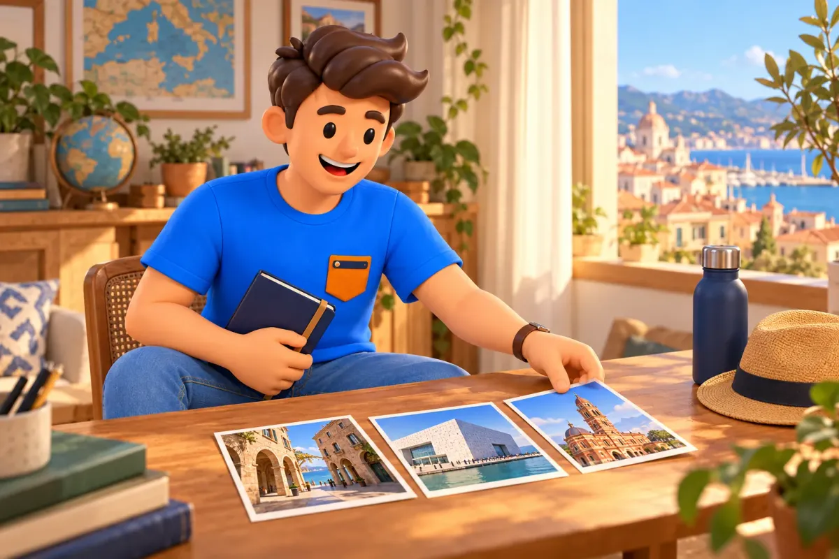 Voyageur illustré dans une pièce imaginaire choisissant une carte de visite avec un carnet fermé