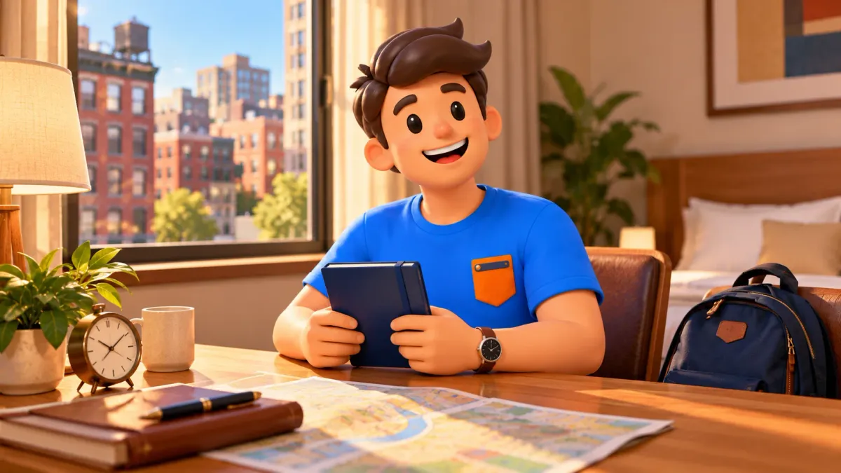 Traveller planning the day with a closed notebook at a desk
