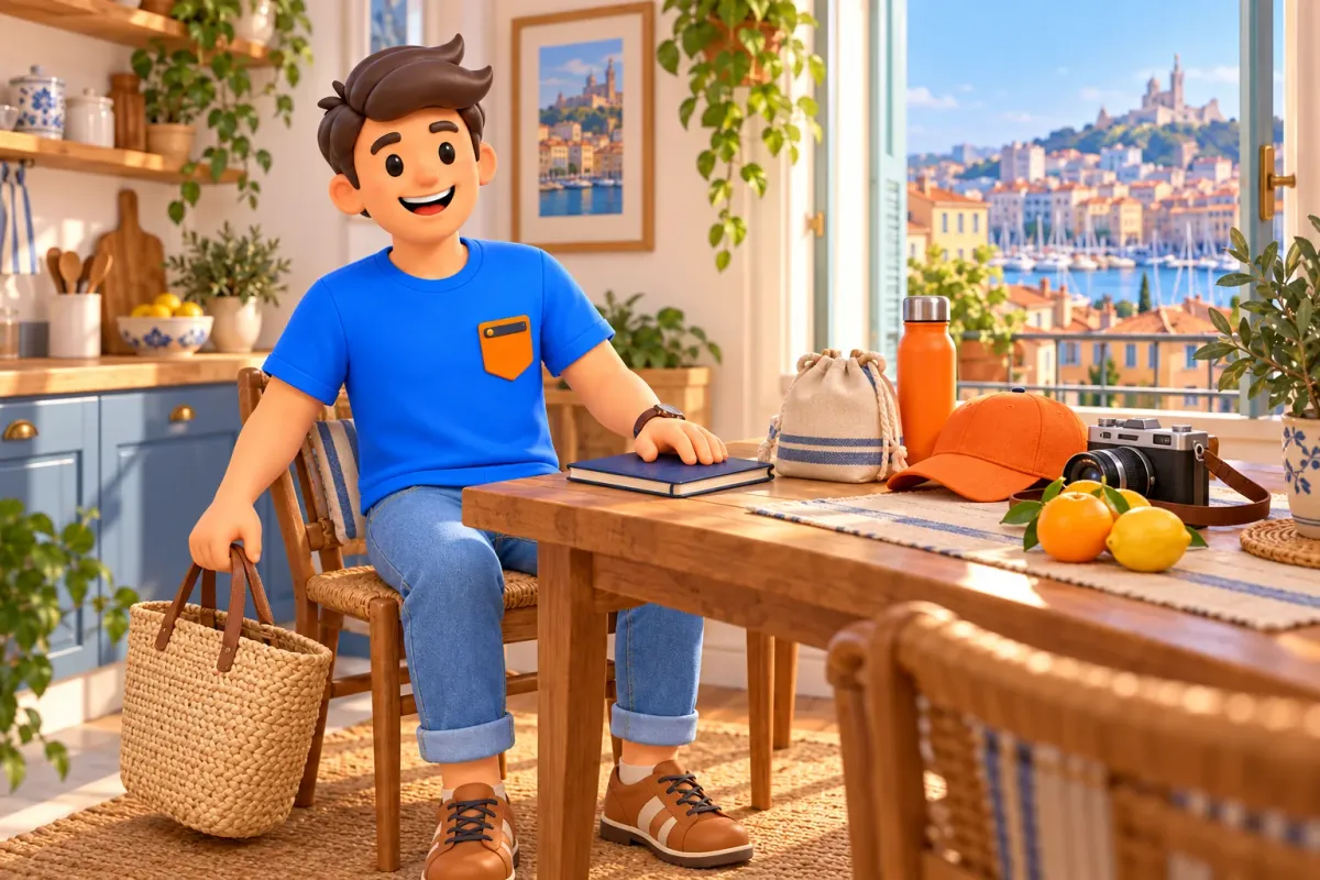 Viajero ilustrado en cocina ficticia prepara un paseo por mercados con bolsa de mimbre, cuaderno cerrado, sombrero y cámara