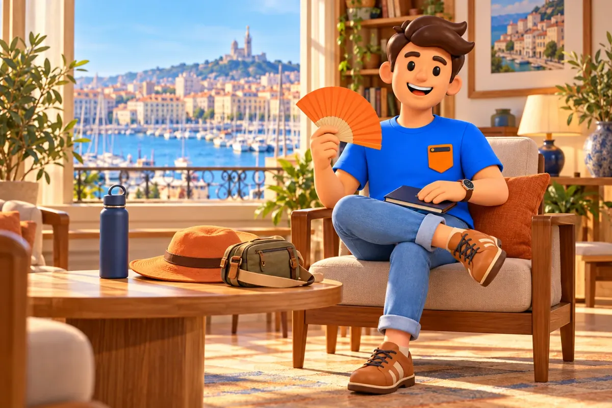 Персонаж с оранжевым веером и закрытым блокнотом в условной комнате; рядом бутылка воды, шляпа и сумка