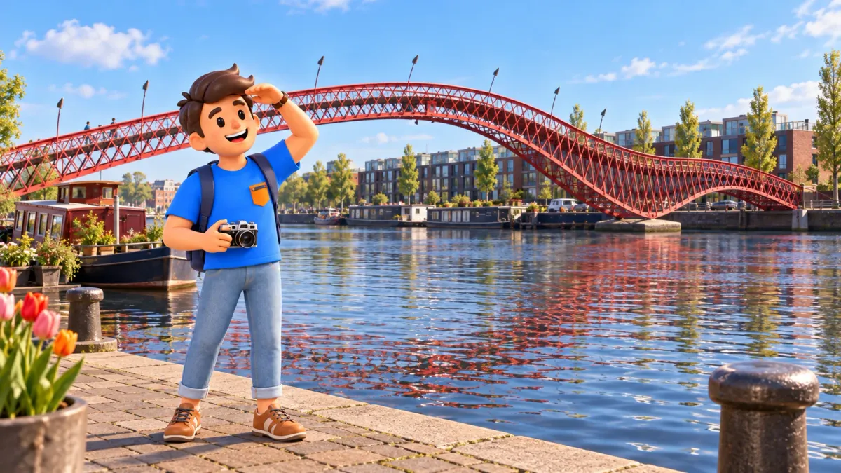 Illustration of a traveller with a camera viewing the red undulating Python Bridge from a public quay