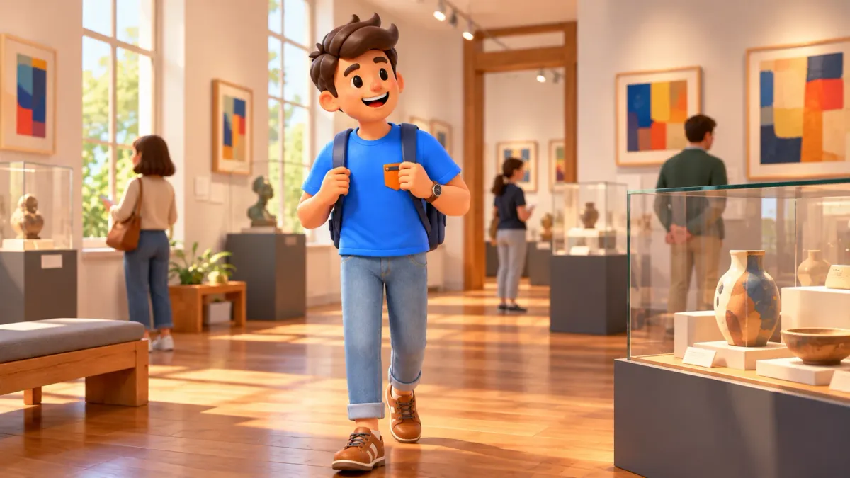 Voyageur dans un petit musée communautaire représenté artistiquement