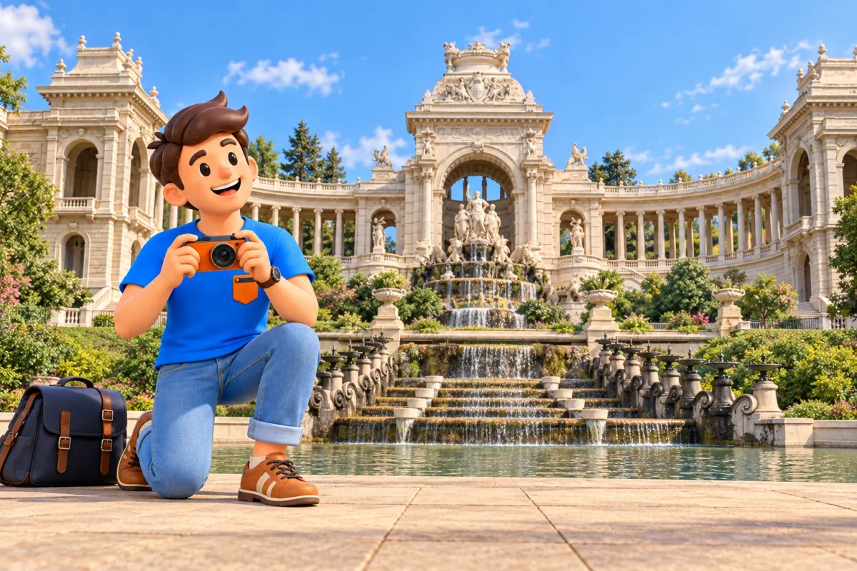 Illustrated traveller kneeling with orange camera before the photo-inspired Longchamp main facade; staged foreground and illustrative flowing cascades