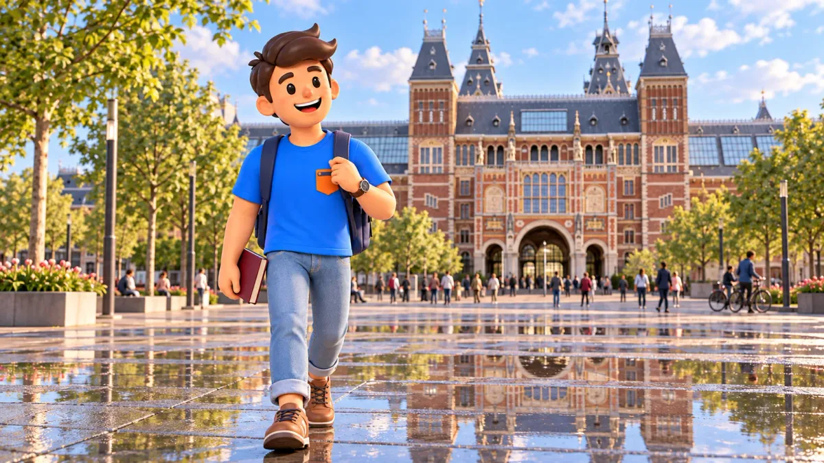 Ilustración de un viajero con libro de arte cerrado en Museumplein ante el Rijksmuseum