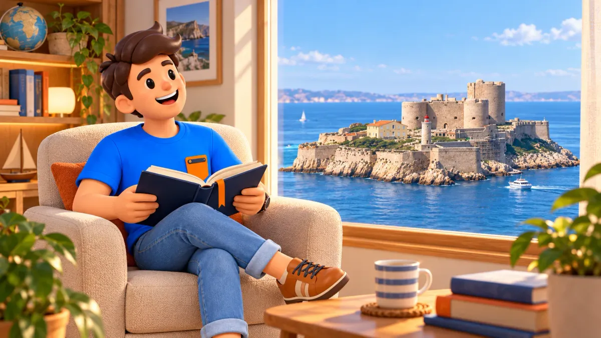 Illustrierter Reisender lesend im fiktiven Zimmer mit Château d’If nach älterem Foto im erfundenen Fenster, kein Hotelblick oder Bericht zu heutigen Arbeiten