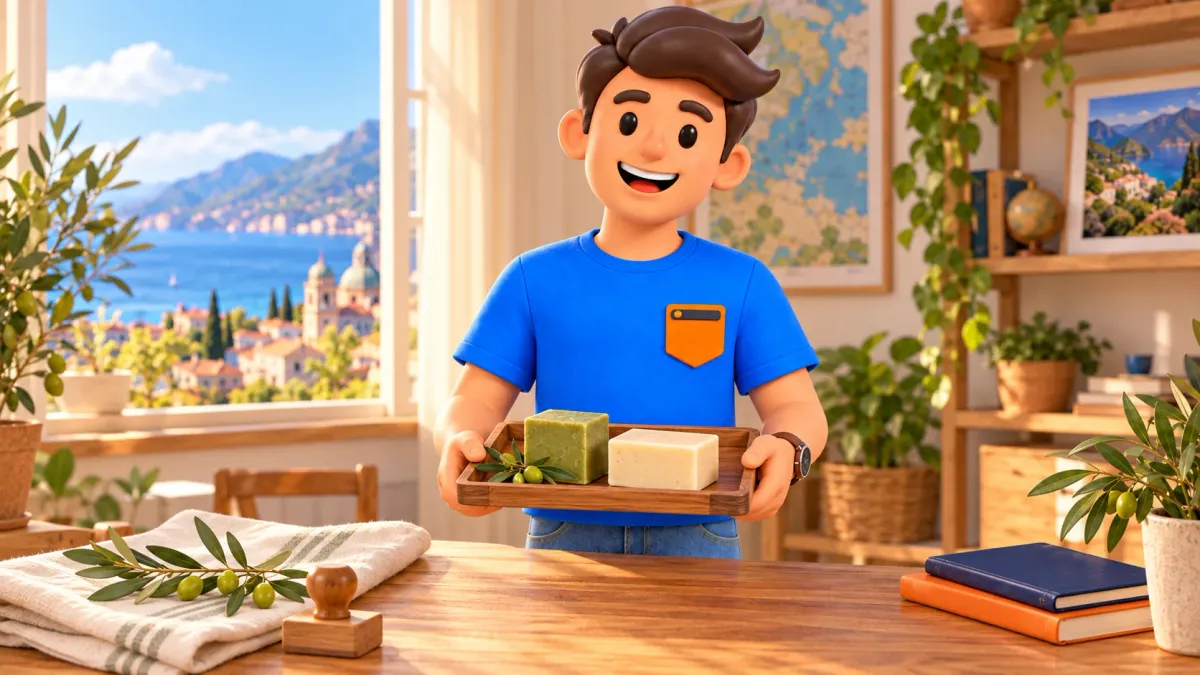 Illustrated traveller holding a tray of two generic finished soap bars in a fictional room, not identified branded products or a real production workshop
