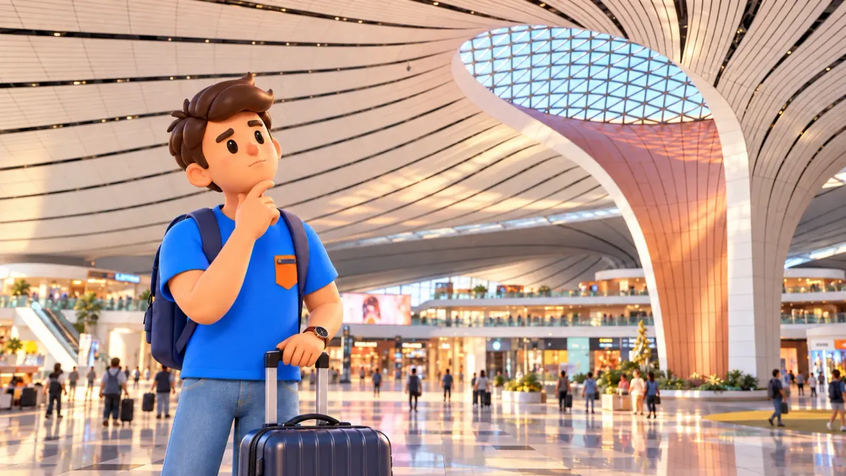 Viajero con maleta bajo la cubierta curva acristalada del aeropuerto de Daxing