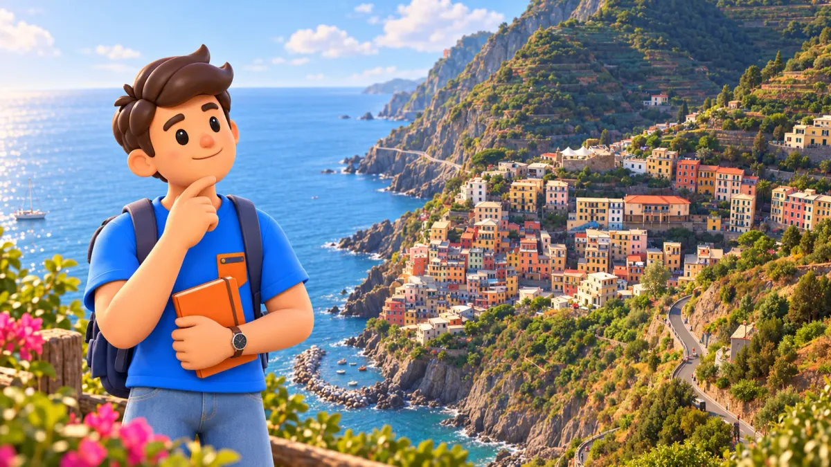 Viajero con libreta ante las casas de Manarola, la costa rocosa y las terrazas