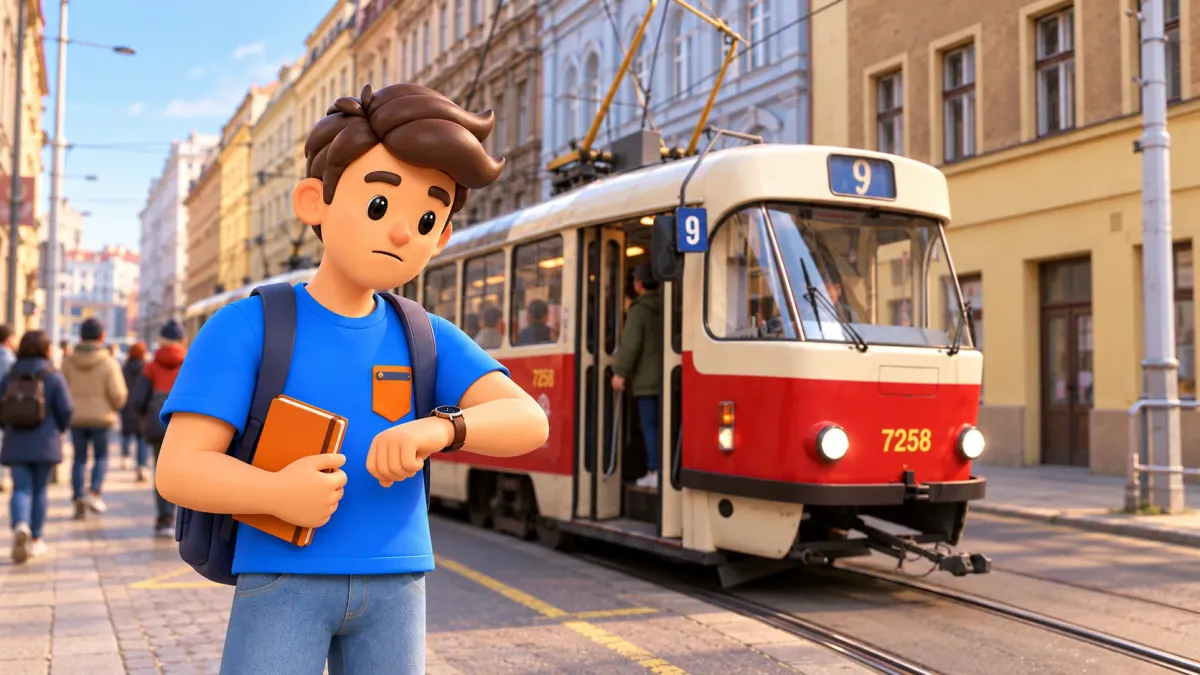 Voyageur regardant l’heure près d’un tram rouge et crème à l’arrêt Lipanská de Prague