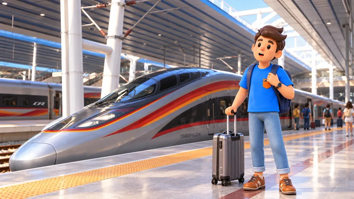Viajero con maleta en el andén junto a un tren CR400AF-C real en Pekín