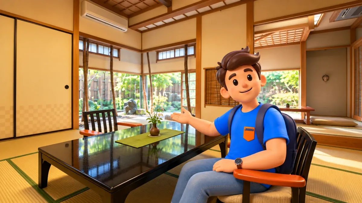 Voyageur découvrant une chambre japonaise avec tatamis et table basse