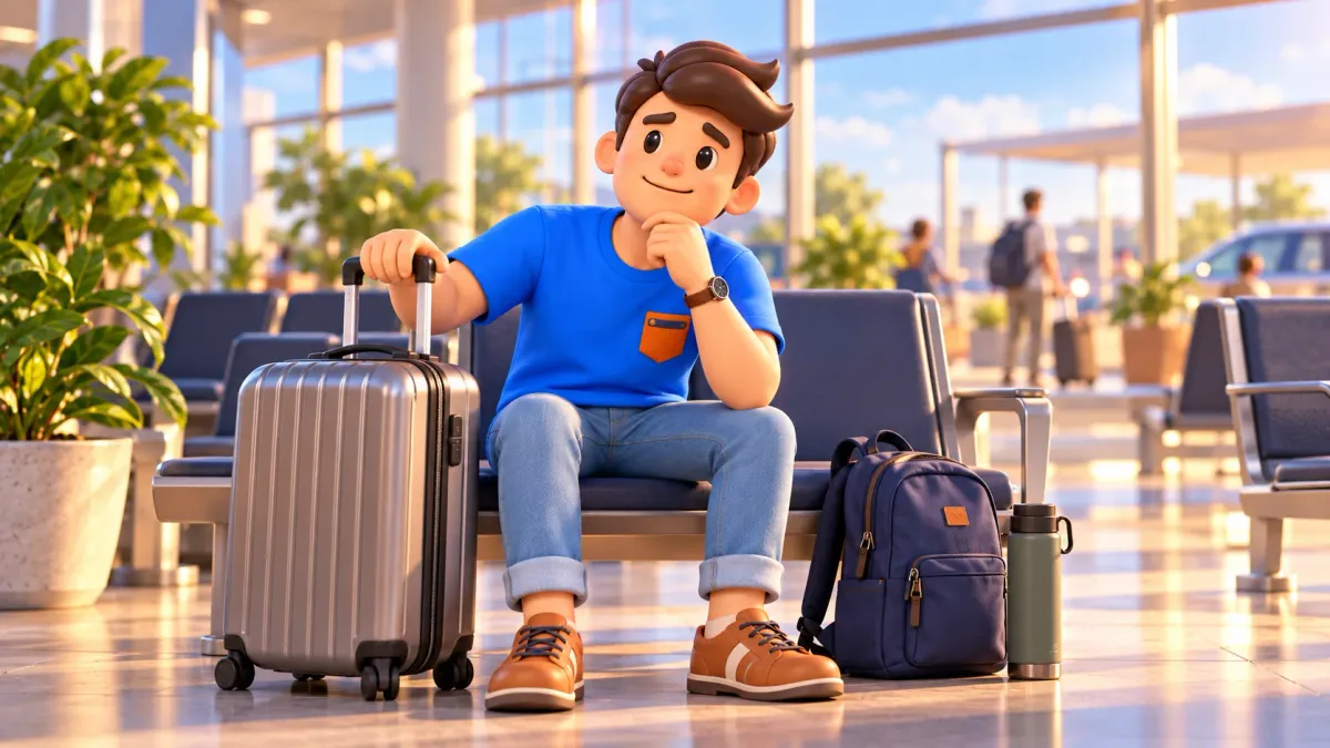 Voyageur avec sa valise réfléchissant au trajet après l’arrivée