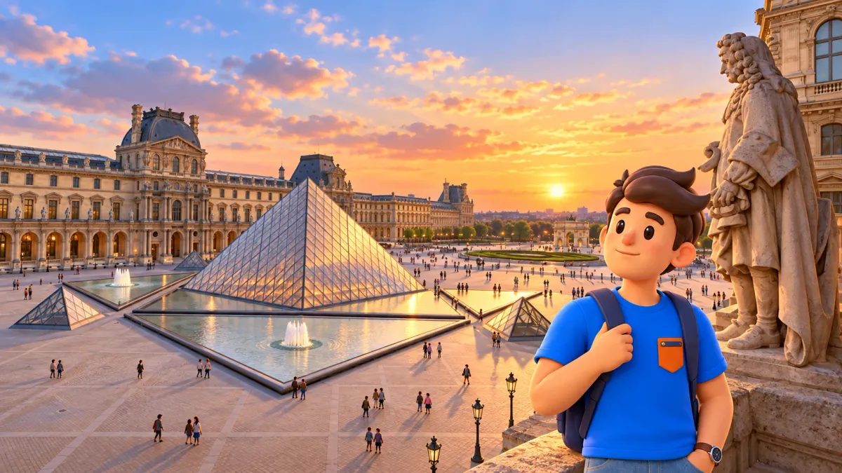 Viajero mirando el patio del Louvre con pirámide, estanques y fachadas históricas