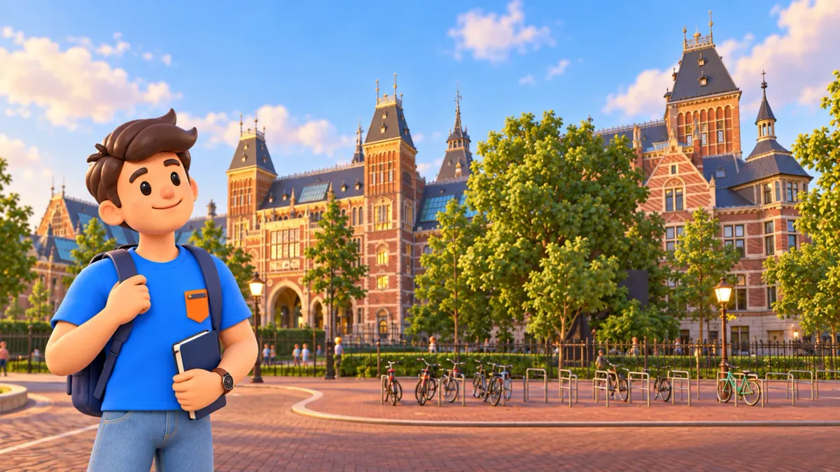 Traveller by the Rijksmuseum façade and arched passage redrawn from an actual photograph