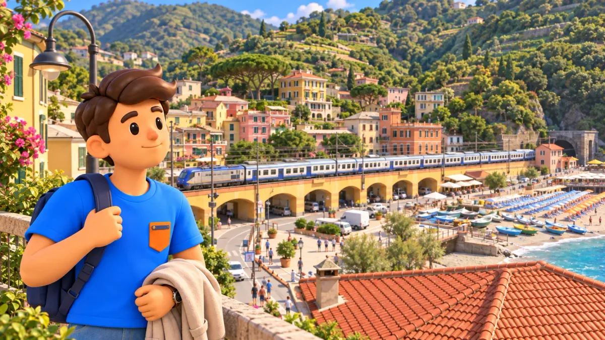 Traveller against Monterosso’s railway embankment, houses and hillside