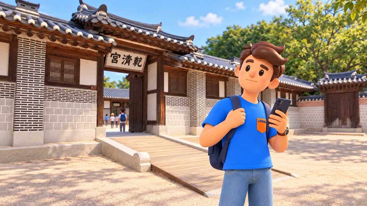 Voyageur avec son téléphone devant la porte de Geoncheonggung dans Gyeongbokgung