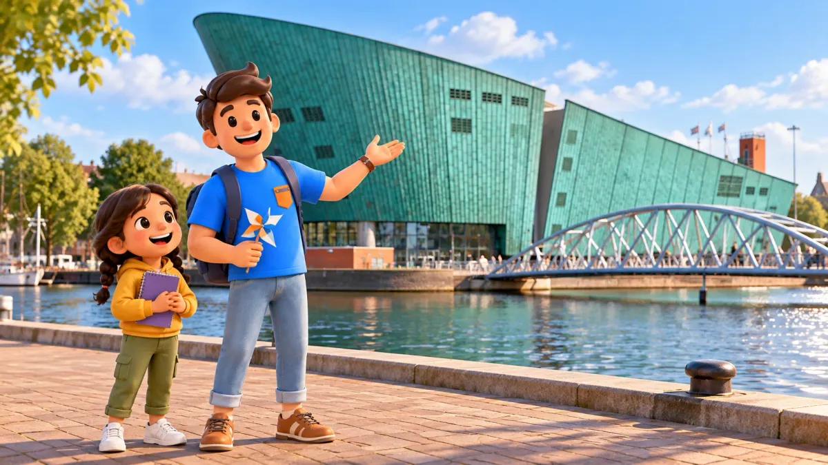 Illustration d’un voyageur avec un moulinet et d’une enfant avec un carnet devant le bâtiment vert de NEMO