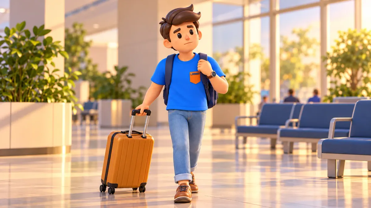 Viajero con maleta y mochila en una zona de espera