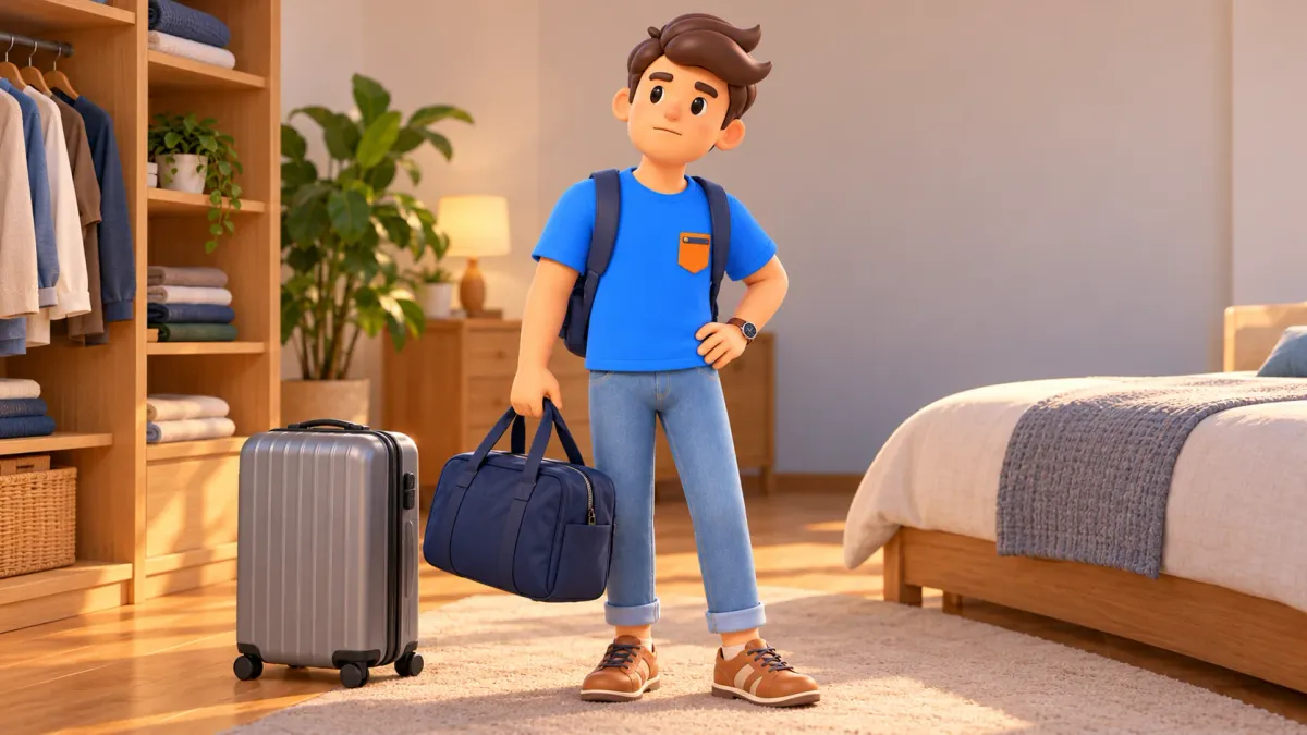 Viajero pensando en los preparativos con una bolsa de viaje