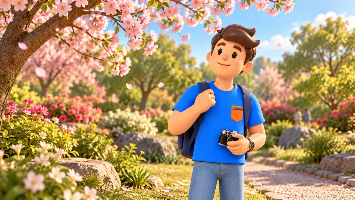 Voyageur observant des fleurs printanières dans un jardin