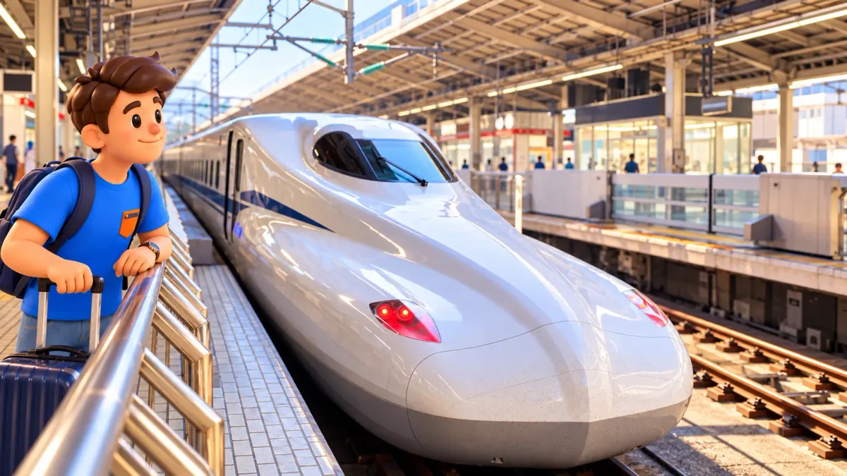 Traveller with a suitcase beside a photographed N700S at Tokyo Station