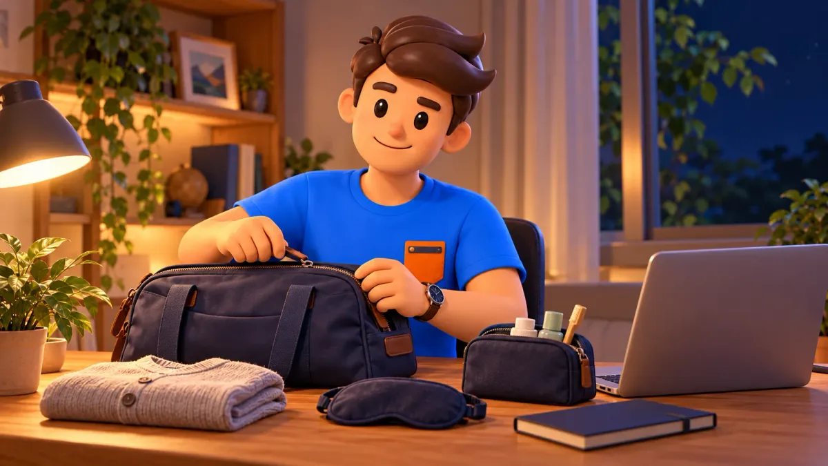 Voyageur préparant un petit sac pour un trajet de nuit