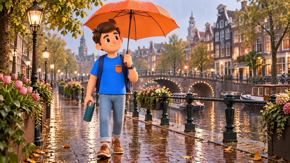 Thematische Illustration eines Reisenden mit orangefarbenem Schirm und Thermosflasche an einer erfundenen Amsterdamer Gracht