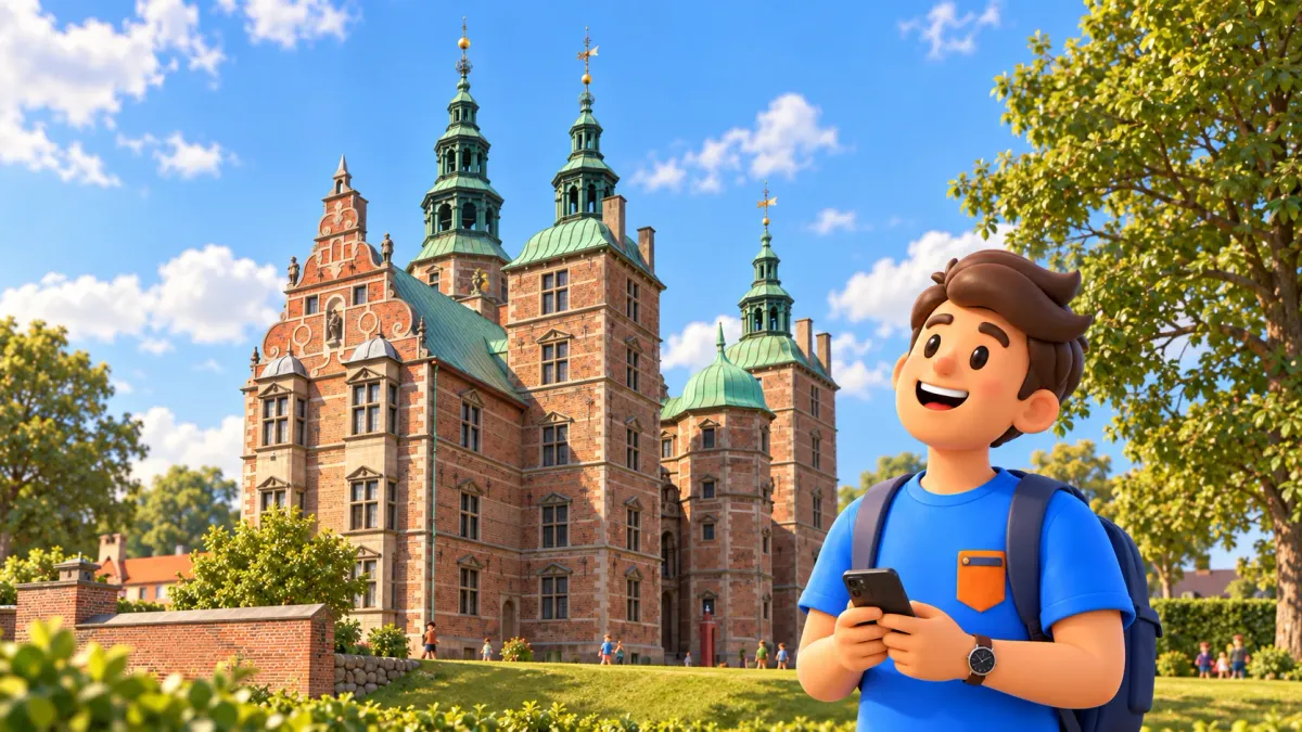 Voyageur admirant le château de Rosenborg redessiné d’après une photo