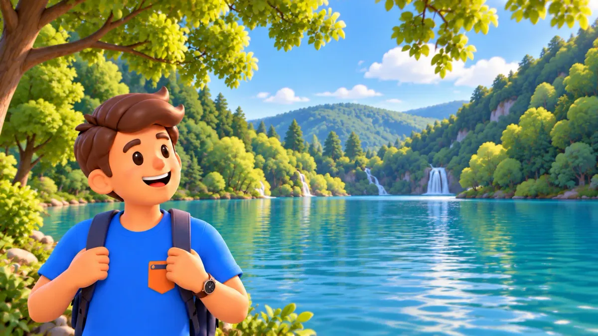 Traveller beside Milanovac lake with shoreline and waterfalls based on a real photograph