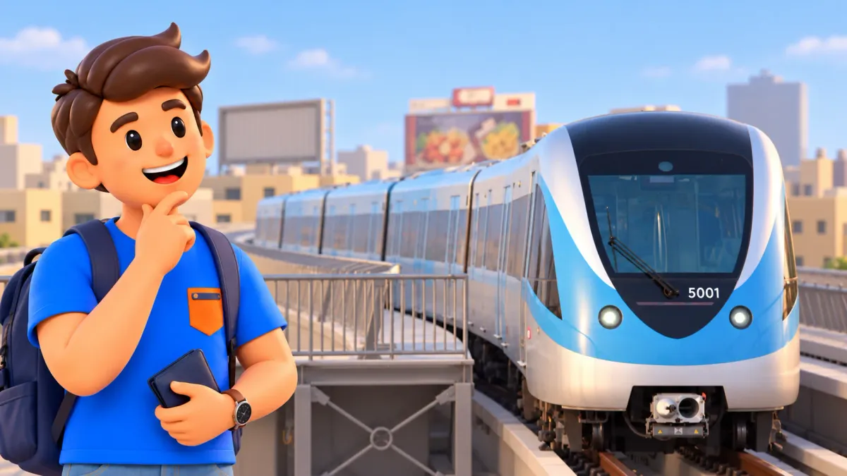 Voyageur et rame 5001 du métro de Dubaï d’après une photographie réelle
