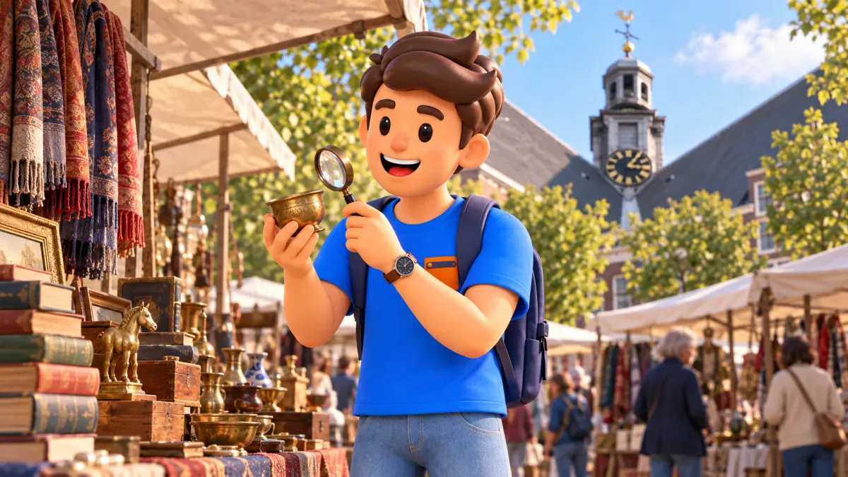 Ilustración temática de un viajero examinando un cuenco de latón con lupa en un Noordermarkt imaginario del lunes