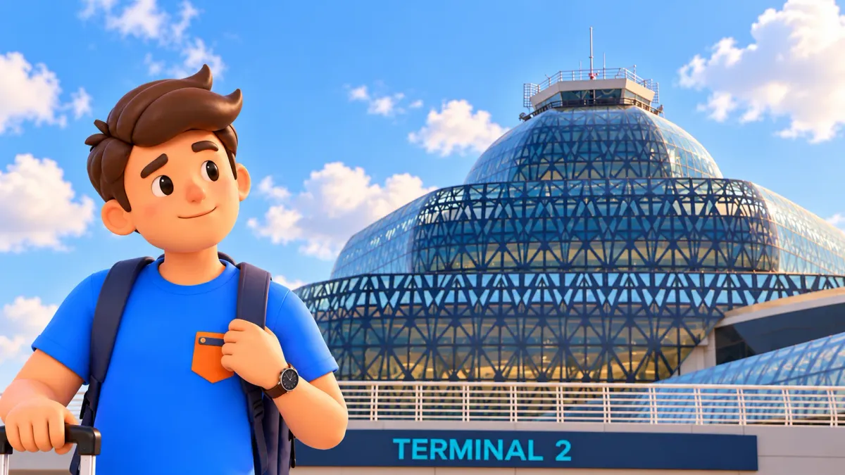 Personaje junto a la cúpula de cristal de la terminal 2 de Bakú recreada según fotografía