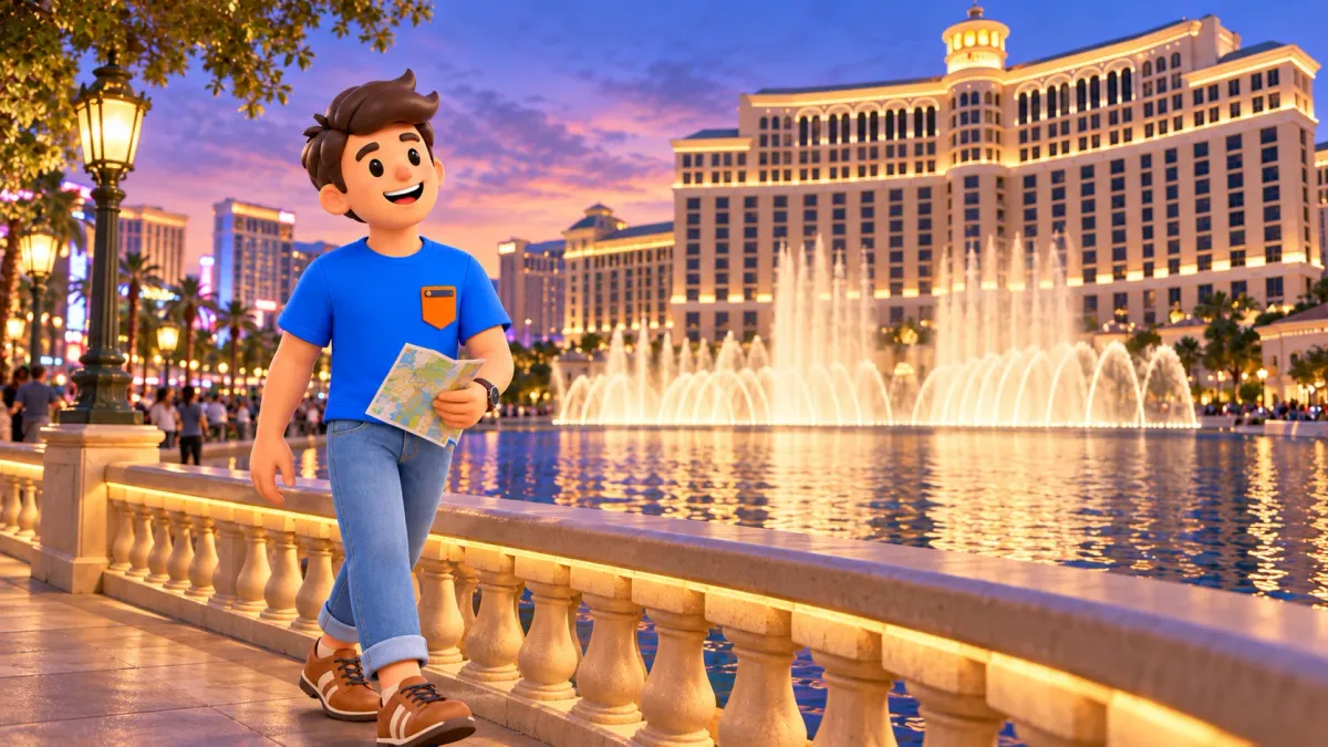 Personnage avec un plan papier devant les fontaines du Bellagio au crépuscule