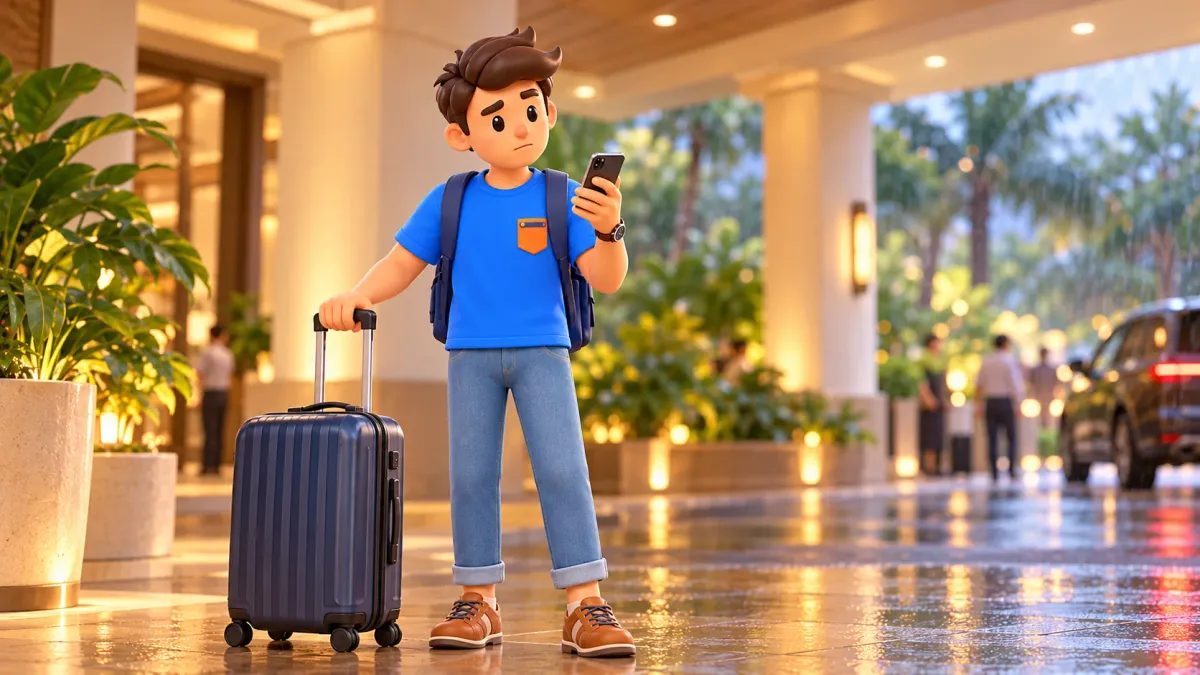 Voyageur avec une valise consultant son téléphone à l’abri de la pluie