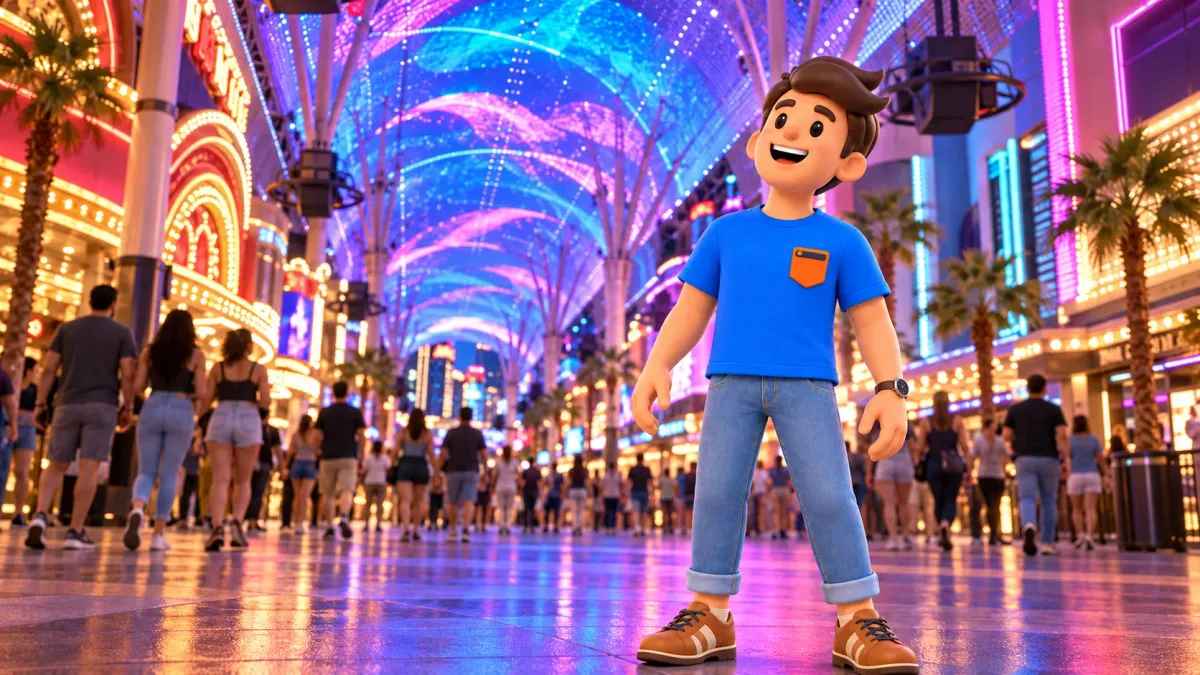 Personaje mirando con asombro la cubierta luminosa de Fremont Street
