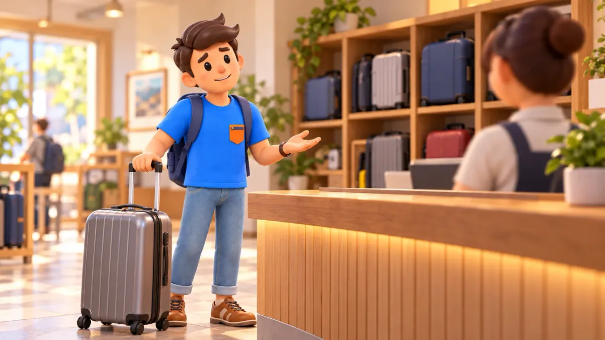 Voyageur avec une valise demandant les conditions au comptoir d’une consigne