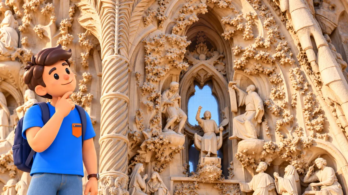 Character studying a Nativity façade detail of the Sagrada Família redrawn from a real photograph